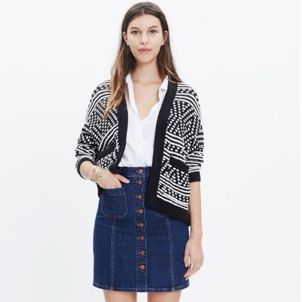 Madewell Saunter Black White Knit Geometric Striped Open Cardigan Sweater Top XS